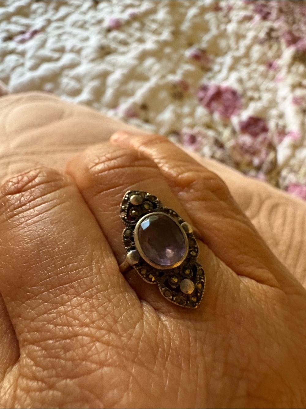 Sterling Silver Amethyst Marcasite Cocktail Ring - Purple